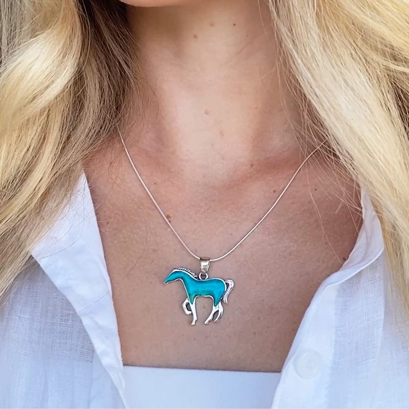 Turquoise Network Horse Necklace Sterling Silver & Genuine Gemstones Pendant & 20" Chain (Turquoise) - Image 2